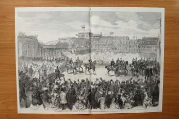 Holzstich Berlin 1871 Triumpheinzug 16 Juni: Kaiser und seine Umgebung durch das Brandenburger Tor